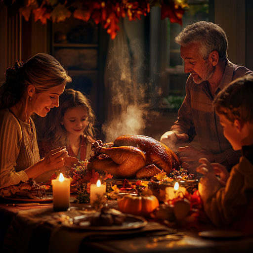 Family dinner with stuffed turkey and colorful decoration