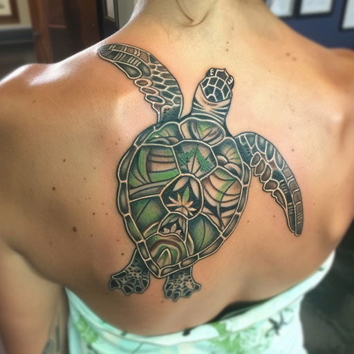 Elegant sea turtle tattoo with Polynesian tribal patterns, inked in natural greens and browns on a white canvas.