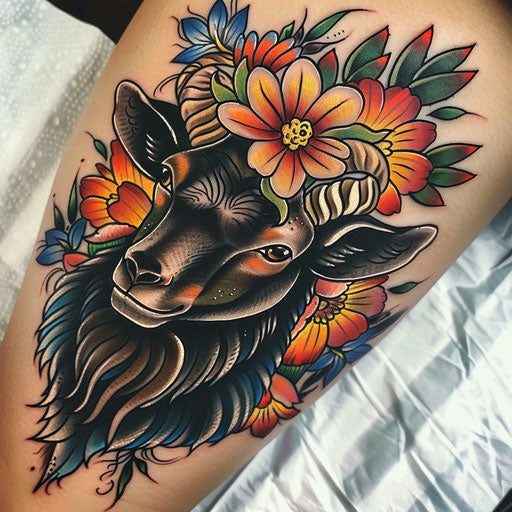 Black sheep with vibrant flowers
