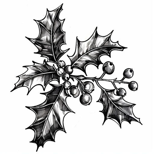 Vintage-style Holly branch tattoo illustration, detailed etching style on a clean white background