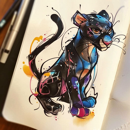 Playful panther tattoo, colorful sketch on white page