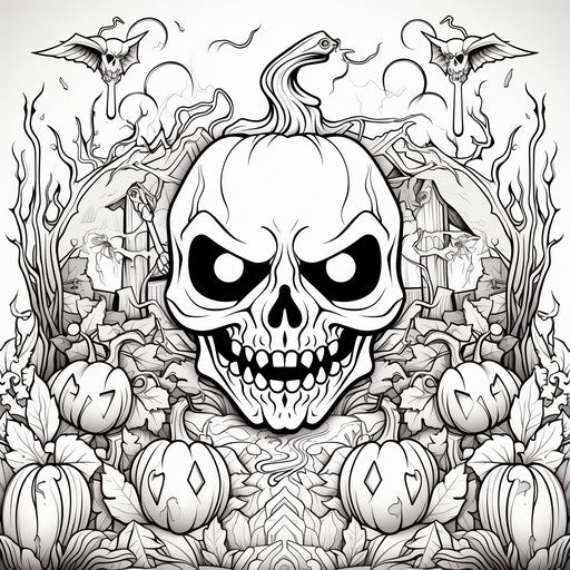 Halloween coloring page with pumpkin monster and skull