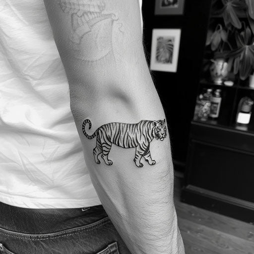 Simple tattoos for men of a tiger, in the style of Guy Aitchison