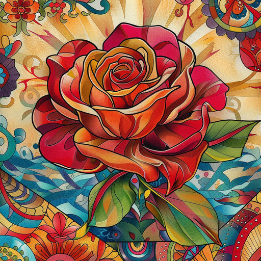 Flat tattoo sketch of a vibrant gypsy rose on colorful bohemian patterns backdrop