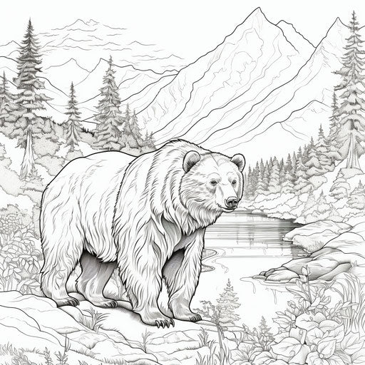 Mountain scene with a bear by the river coloring page