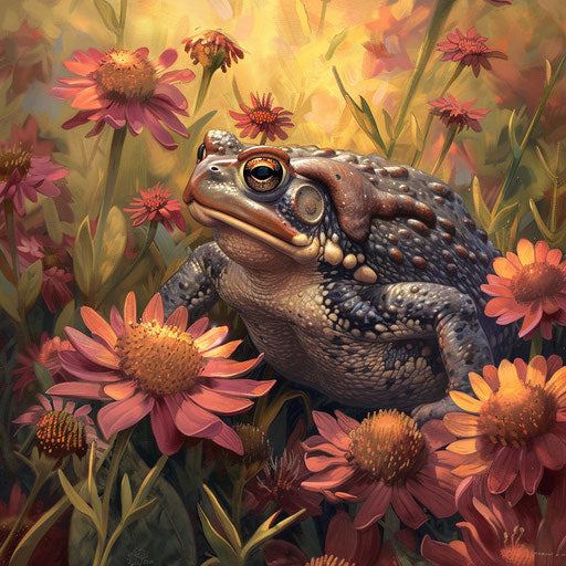 A toad among blooming wildflowers in the style of Aaron Blaise