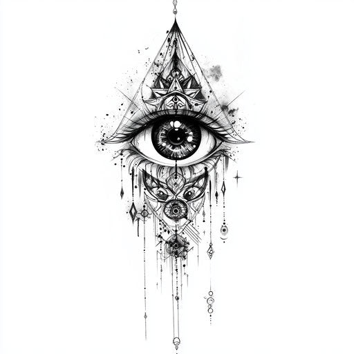 Mystical eye tattoo sketch with runes on arm