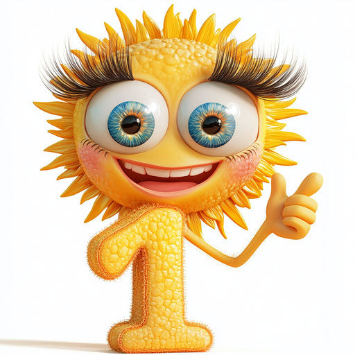 Humorous caricature of a number 1 clipart with human characteristics, exaggerated thick eyelashes, with fingers hands, next to a smiling sun, vibrant colors, cartoon style, thumbs up, high-resolution, no background, isolated -c 40