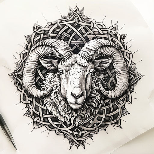 Intricate flat tattoo sketch with a sheep surrounded by an ornate Celtic knot design