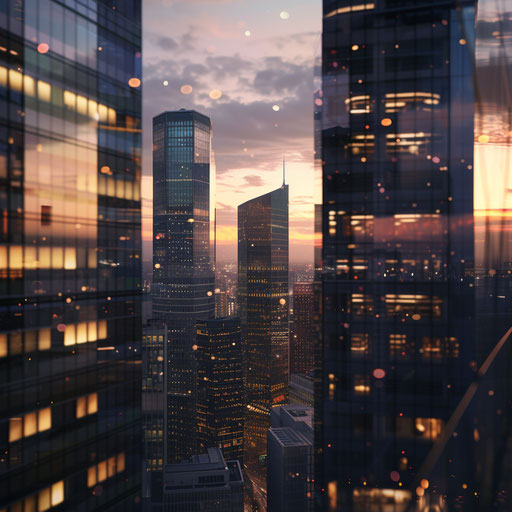 Vibrant financial district at dusk