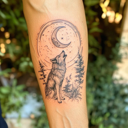 Inner forearm tattoo with a wolf howling at the moon
