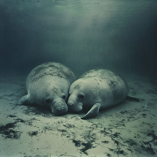 Manatees resting on the sandy bottom, peaceful and calm