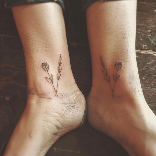 Matching minimalist arrow tattoos for sisters, Ami James style, ankle