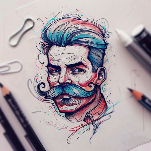 Sketch of tattoo with elegant mustache in pastel colors