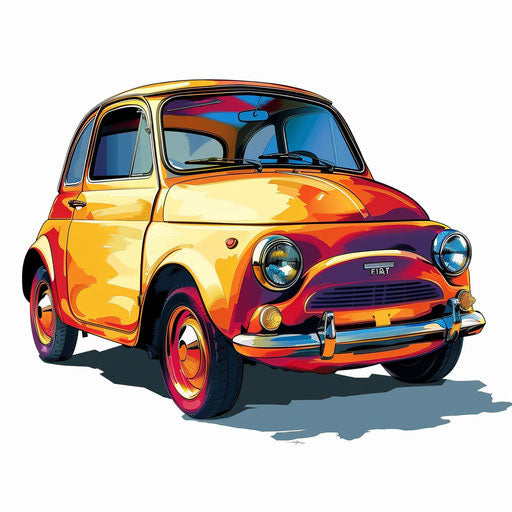 Tattoo illustration of a Fiat 500, classic Italian car, pop art style on white background