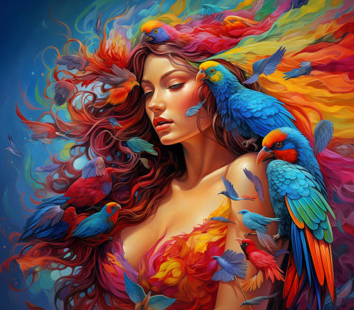Woman adorned with rainbows and birds, photorealistic fantasy style