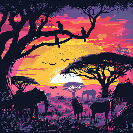 Animal silhouettes against vibrant African plains sunset