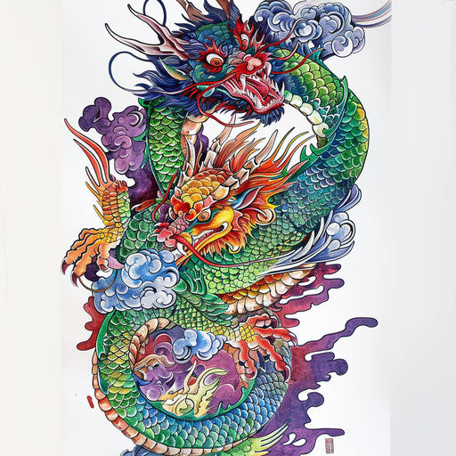 Korean dragon tattoo design, detailed, on white background