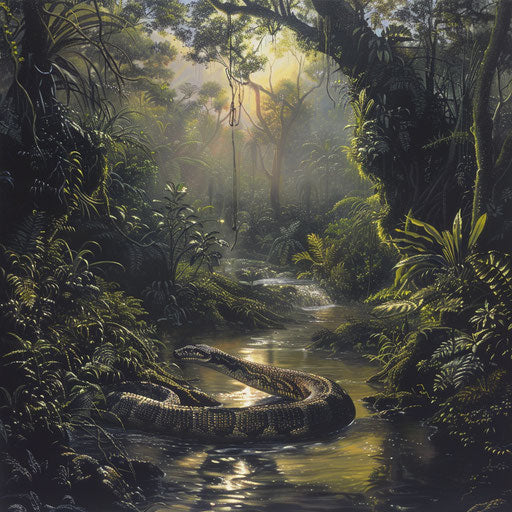 Titanoboa near a serene stream in the style of Paul Souders