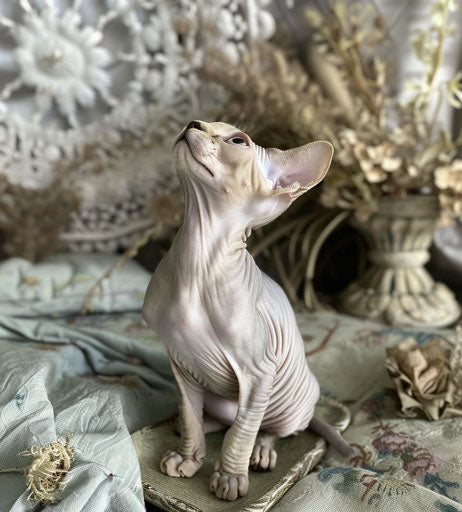 Sphynx kitten on bed, looking up