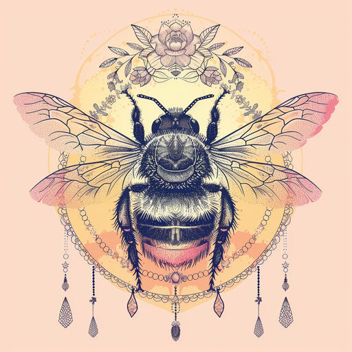 Elegant tattoo sketch of a queen bee with delicate lace patterns and soft pastel colors in a flat clipart design
