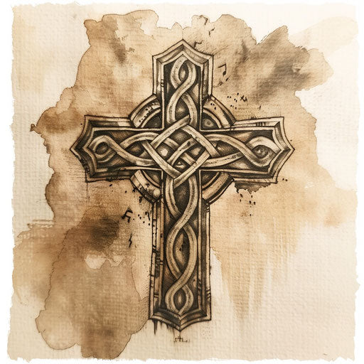 Celtic cross tattoo in aged bronze on white background