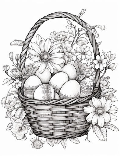 Easter basket coloring page, exquisite black and white engravings style