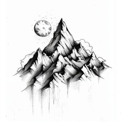 Monochrome flat tattoo sketch of a mountain peak with clear sky, symbolizing vast freedom