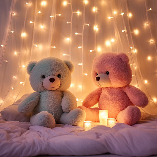 Two stuffed bears sitting on the bed covered in lights