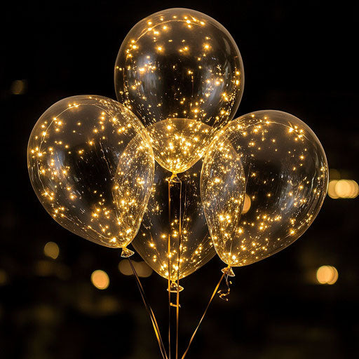 Five transparent balloons with golden LED lights
