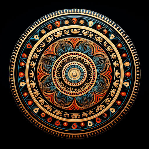 An ethnic design of a circle with geometric patterns, mythology-inspired