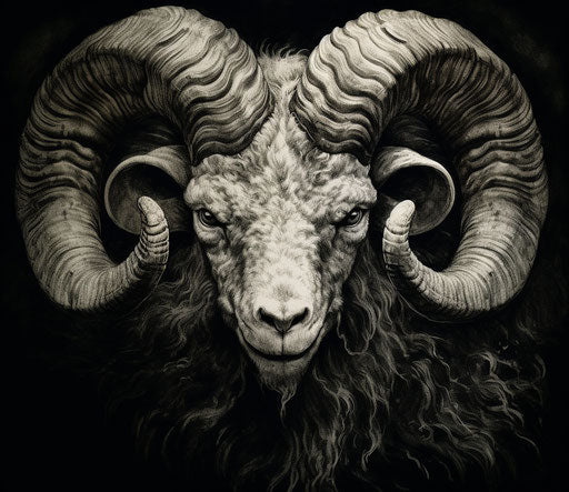 Black and white drawing of a ram, in the style of David Alfaro Siqueiros