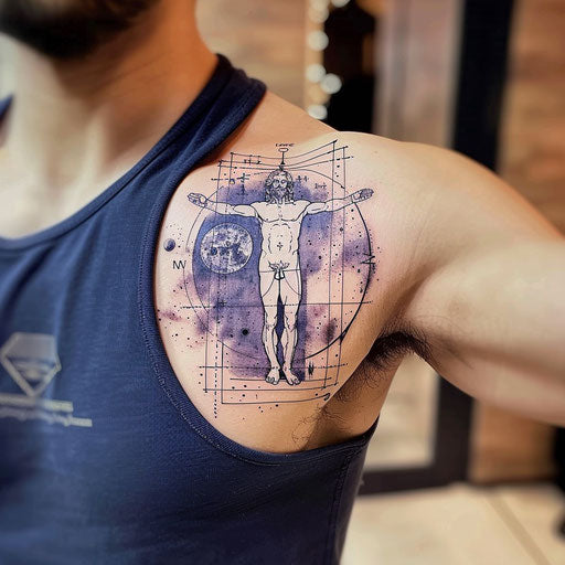 Elegant tattoo sketch of the Vitruvian Man with galaxy theme