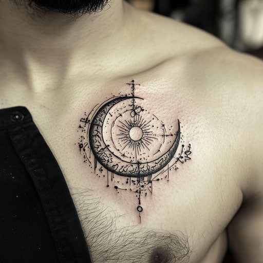 Arabic tattoo with crescent moon and sun in calligraphy