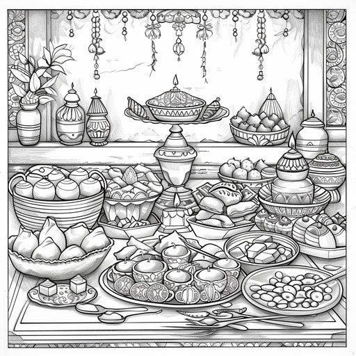 Realistic drawing of a beautifully decorated Diwali feast table with sweets and treats. Coloring book page