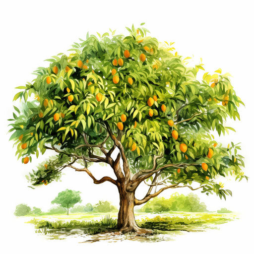 Mango tree illustration in the style of Impressionistic Art, on white background