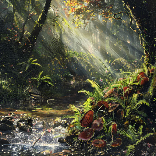 Carnivorous plants by a brook with light in the trees