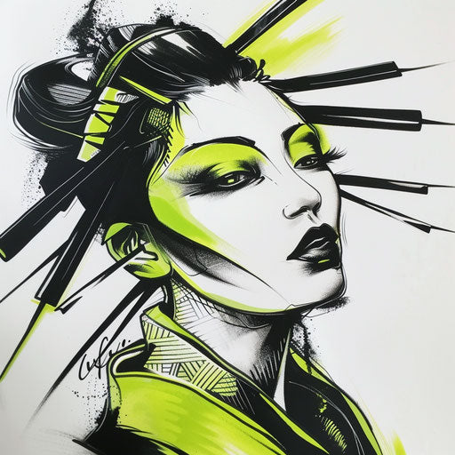 Bold graphic geisha tattoo design in black and neon green