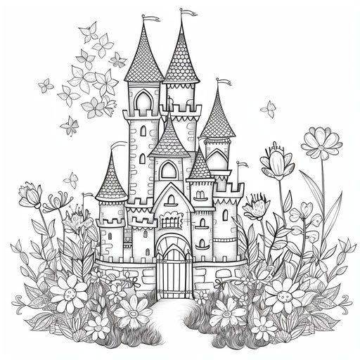 Fairy-tale castle surrounded by enchanted flowers