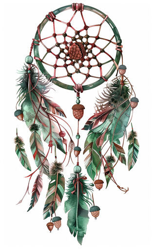 Dream catcher with feathers, wings and acorns, soft watercolor