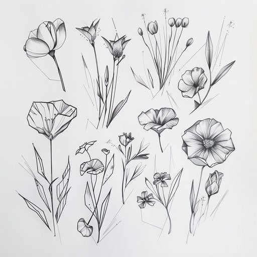 Collection of wildflower tattoos in geometric style