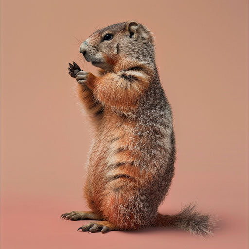 A groundhog with its tail wrapped around itself in a playful stance