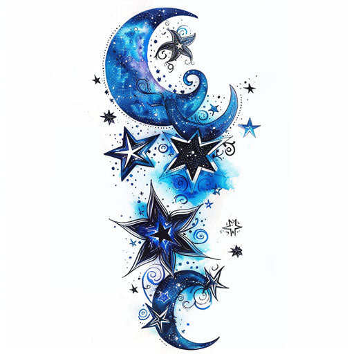 Sparkle tattoo of starry galaxy in blues and silvers