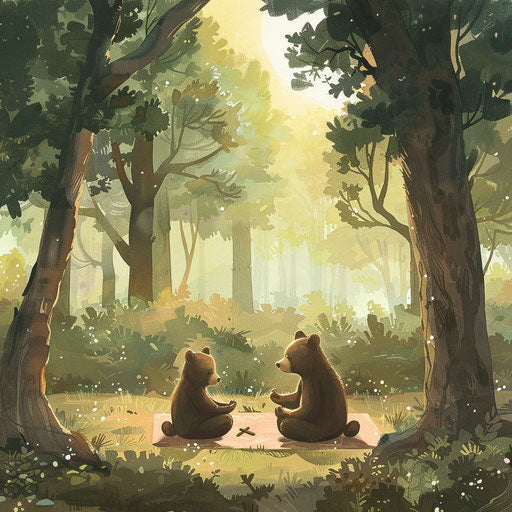 Bears practicing yoga in a serene forest