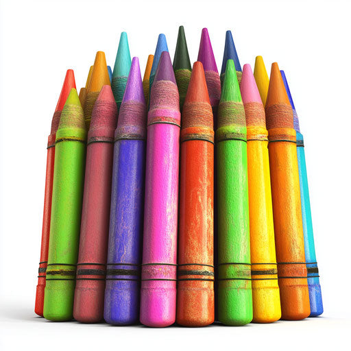 3D Crayons on white background, photo realistic style