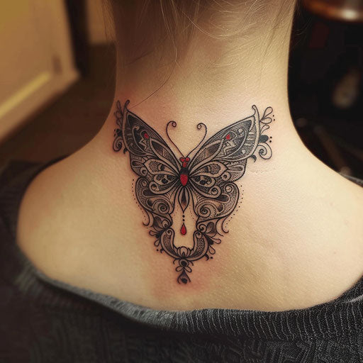 Tribal butterfly neck tattoo in Ami James style