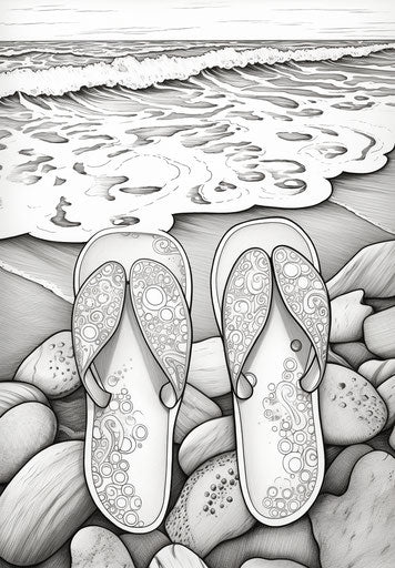 Coloring page with flip flops, intricate textures, beach portraits