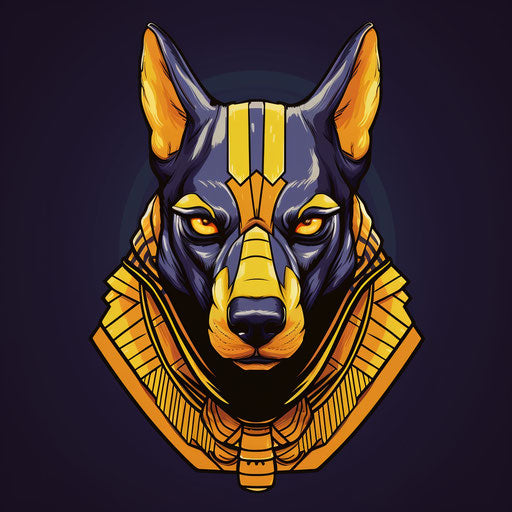 Egyptian dog head in orange and yellow outfit with stripes