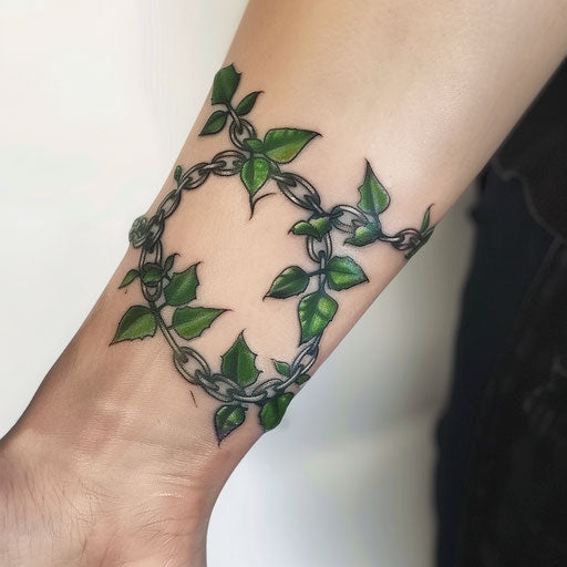 Eco-themed chain tattoo with green vines and leaves weaving through the links, on a white backdrop.