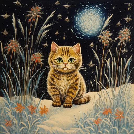 Cat in a field while snowing